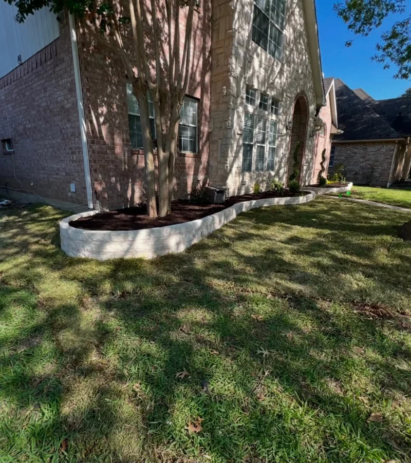 Curved Austin stone planting bed around a front-yard tree