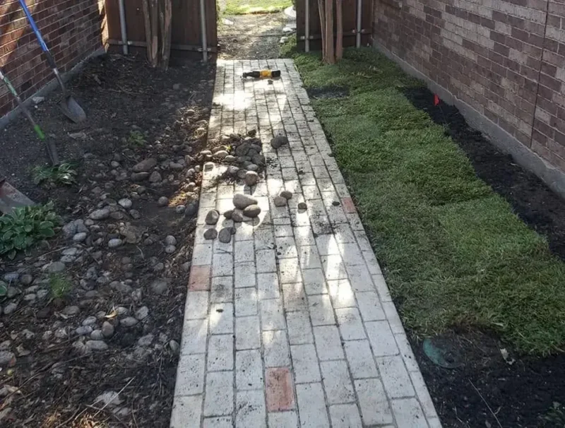 Brick walkway side lawn: work in progress, view 1
