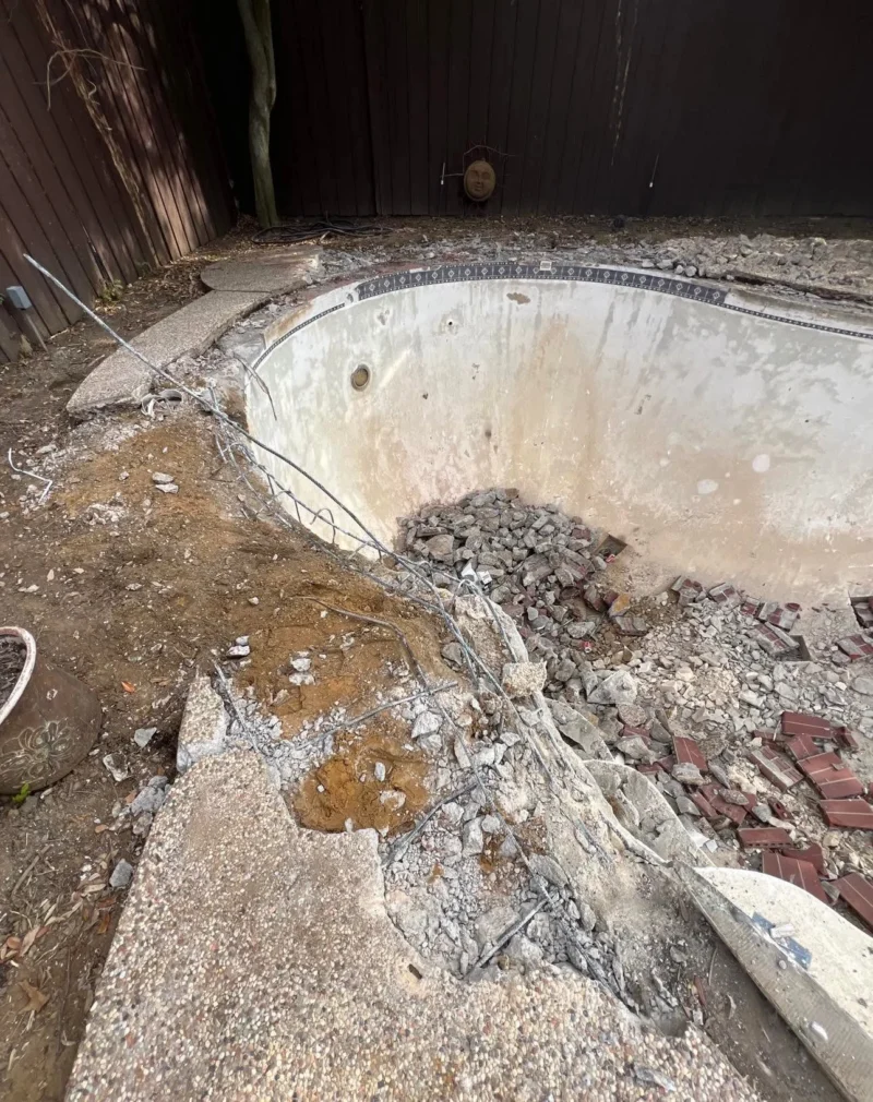 Plano pool removal to lawn: deck demolition, view 2