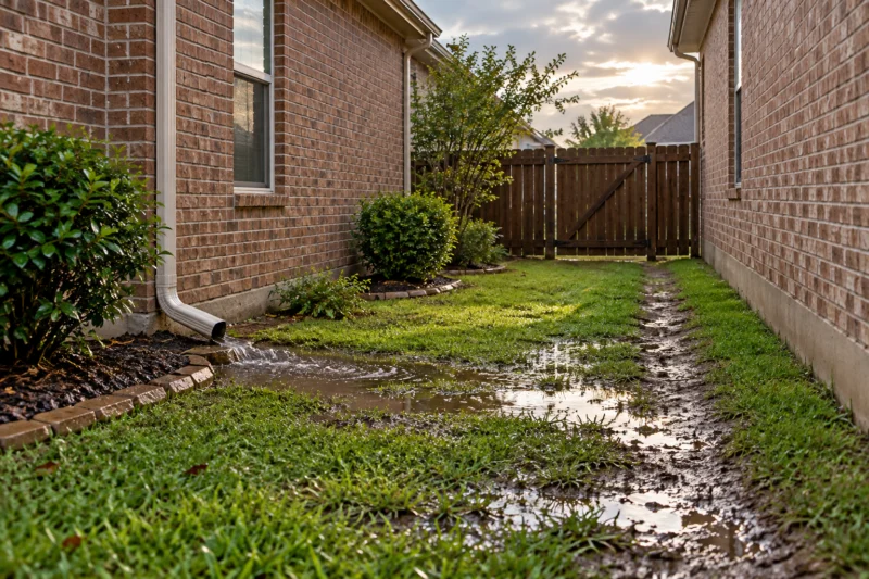 Illustrative muddy side yard between two brick homes after rain