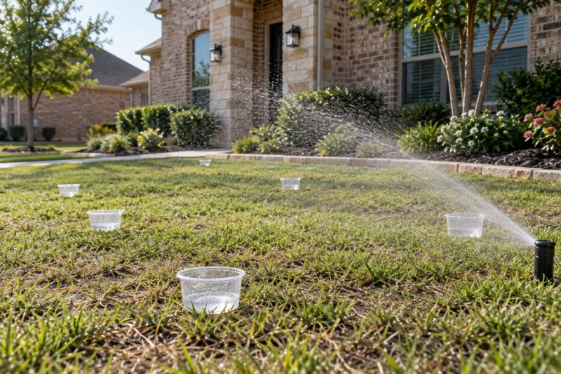 Illustrative sprinkler coverage check with catch cups on an existing lawn